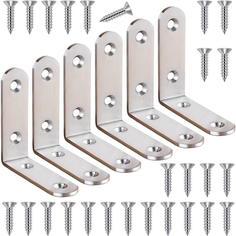 YEWLACA 6 Pcs L Bracket Corner Brace Stainless Steel 65x65mm 90 Degree Small Shelf Brackets for Wood, Shelves, Heavy Duty Support Joint Right Angle Braces with Screws - Image 1